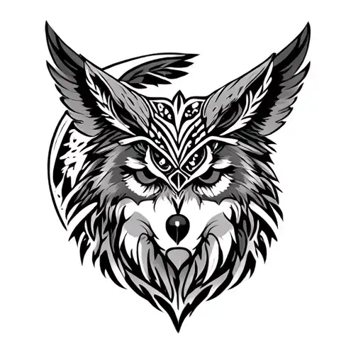 Tribal Neo Traditional Style Coyote With Owl Above