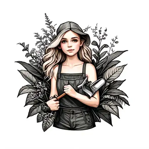 Blonde Girl Gardening Tools And Plants
