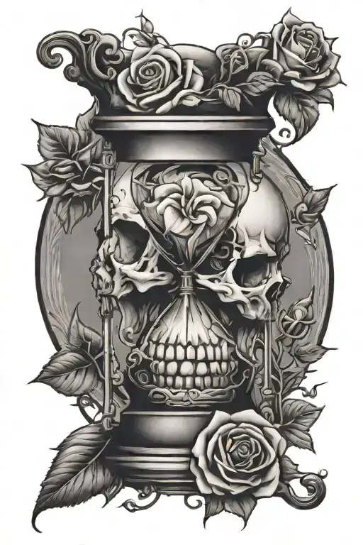 Hour Glass And Skull With Roses Intertwined