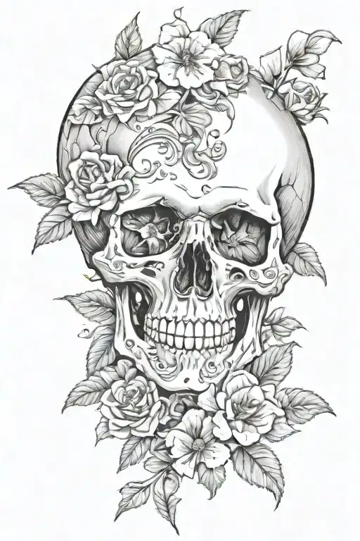 Skull And Hour Galss Surounded By Death And Flowers
