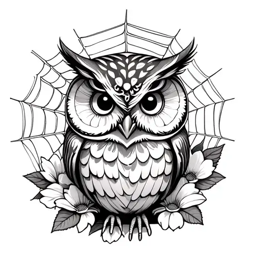 Owl With Flowers Around It And A Spider Web Behind It