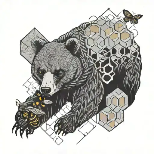 Griizzly Bear And Honey Bee And Geometric Honey Comb