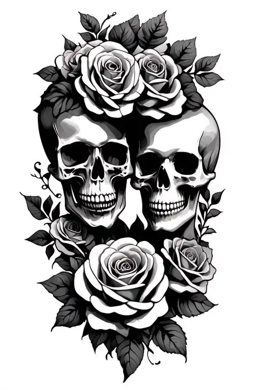Male And Female Skulls Facing Each Other Representing Love With Roses For Bottom Border