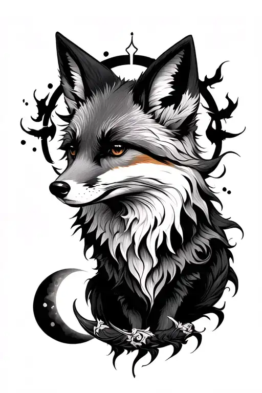 Fox With Nine Tails And Piones And Phases Of The Moon