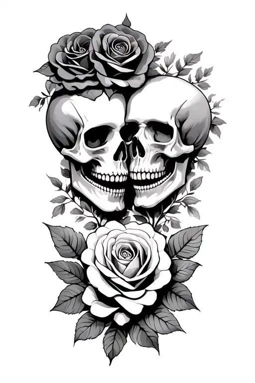 Male And Female Skulls Facing One Another Representing Love With Roses For Bottom Border