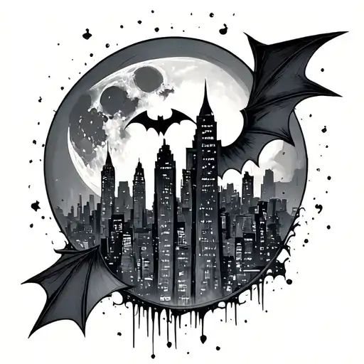 Gotham City With Moon And Bat Signal Shining