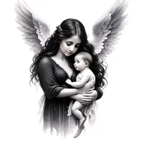 Mother And Baby With Wings Of White Realism And