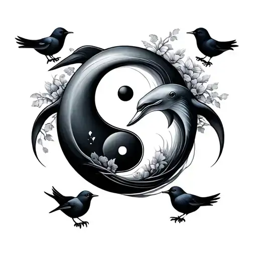 Ying Yang Symbol With A Dolphin And 3 Little Birds
