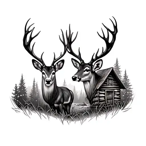 Deers And Hunting Cabin