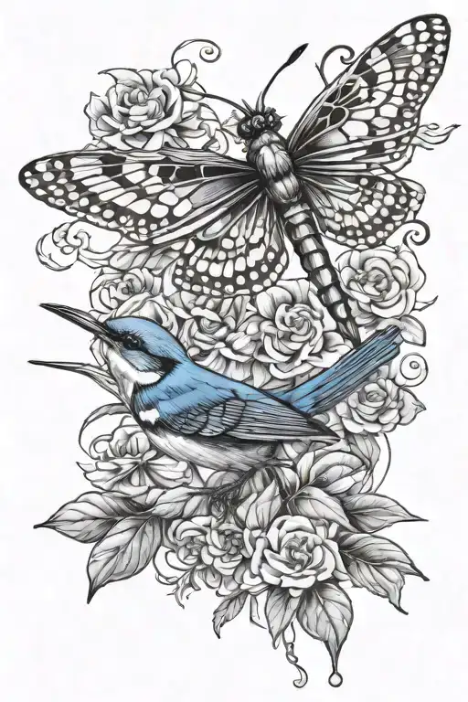 Blue Wren Dragonfly And Butterfly