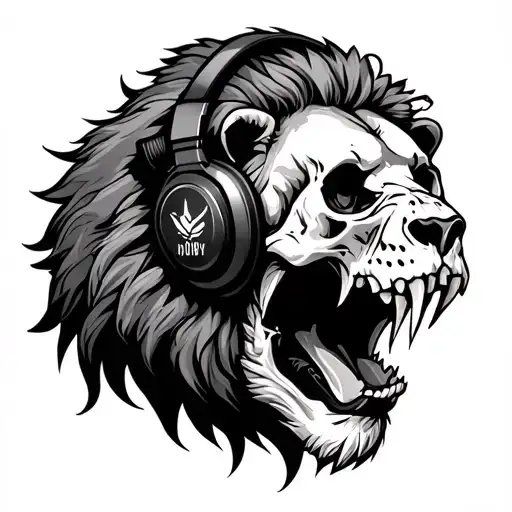 Lion Chewing On A Skull Wearing Headphones