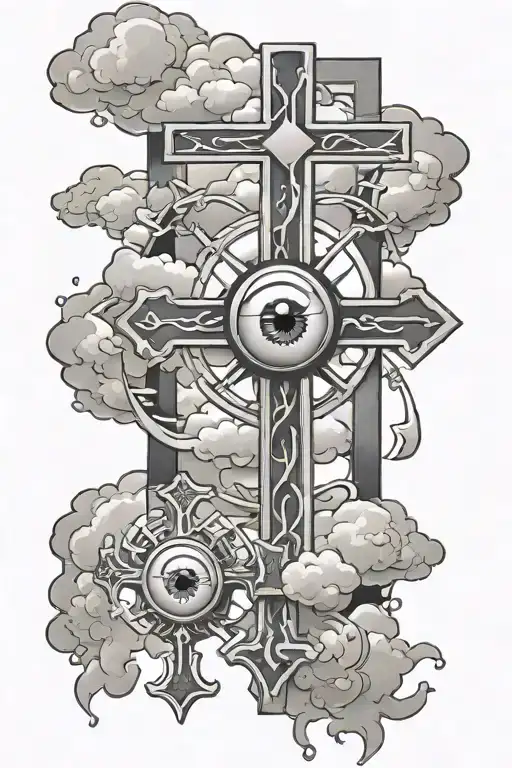 Three Crosses With A Eye Ball Surrounded With Clouds