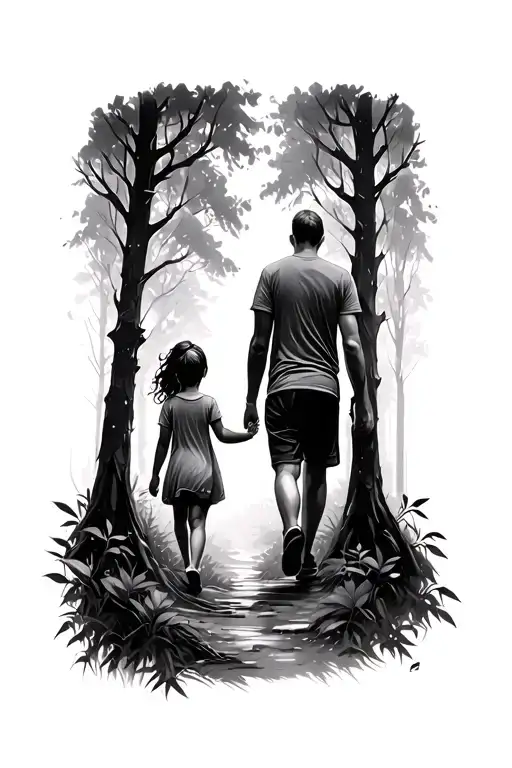 Dad And Daughter's Walking Through A Dense Forest