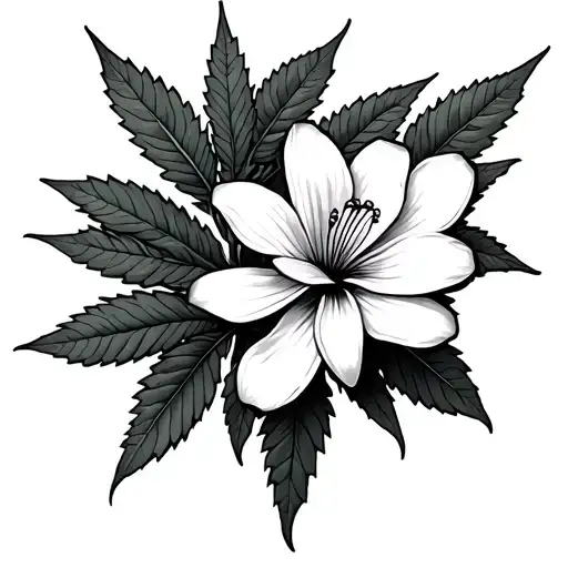 Jasmin Flower With Marijuana Leafs