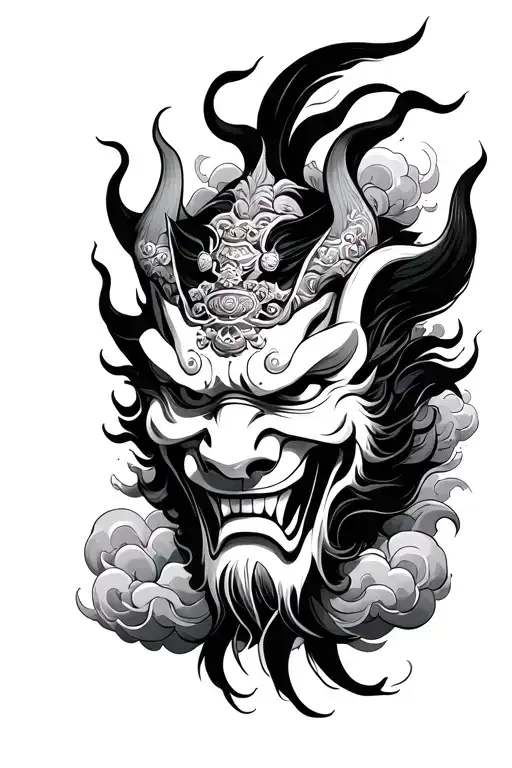 Oni Mask With Japanese Clouds Surrounding