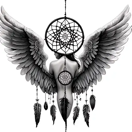 Full Back Angel Wings With Dream Catcher Entangled In A Beautiful