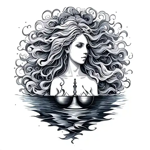 Libra Scale Aquarius Waves Flowing Hair Swimming Alongside