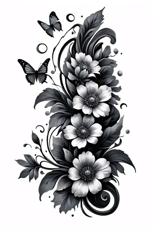 Minimalist Spine Tattoo With Swirls And Small Flowers And One Little Butterfly