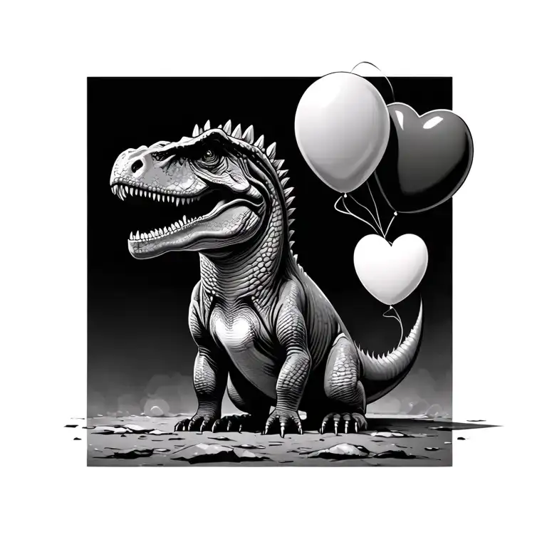 Baby T Rex With Balloon Heart Tied To Tail