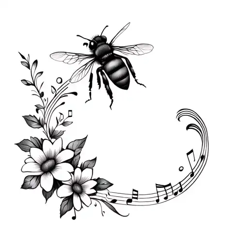 Honey Bee Flowers And Music Notes Hand Tattoo Design