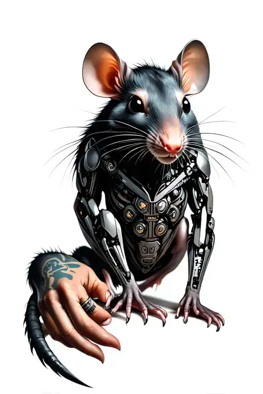 Realistic Cyborg Rat Crawling Around An Arm
