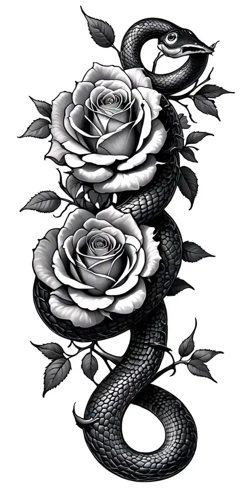 Snake Wrapped With Roses Blooming And The Thorns Wrap