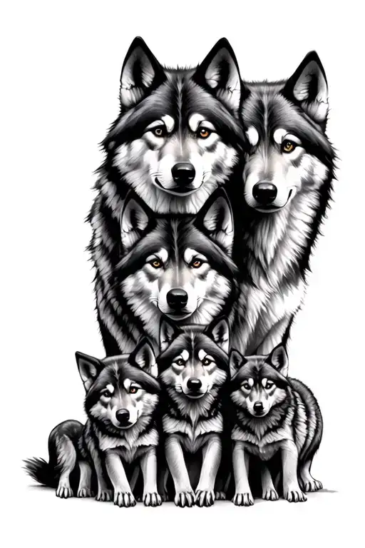 Family Of 6 Wolves 4 Cubs