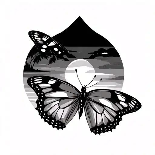 Sunrise And Sunset Scene With Butterfly