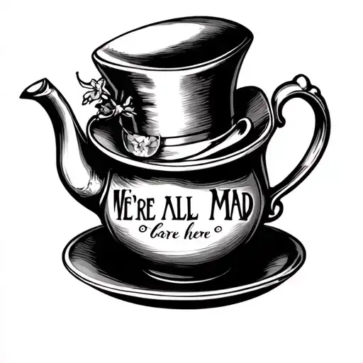 Mad Hatter's Hat Cofee Pot And We're All Mad Here Text