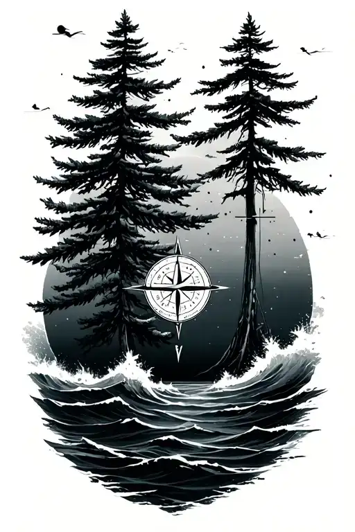 Pine Tree Fade Into Ocean Chart With Compass