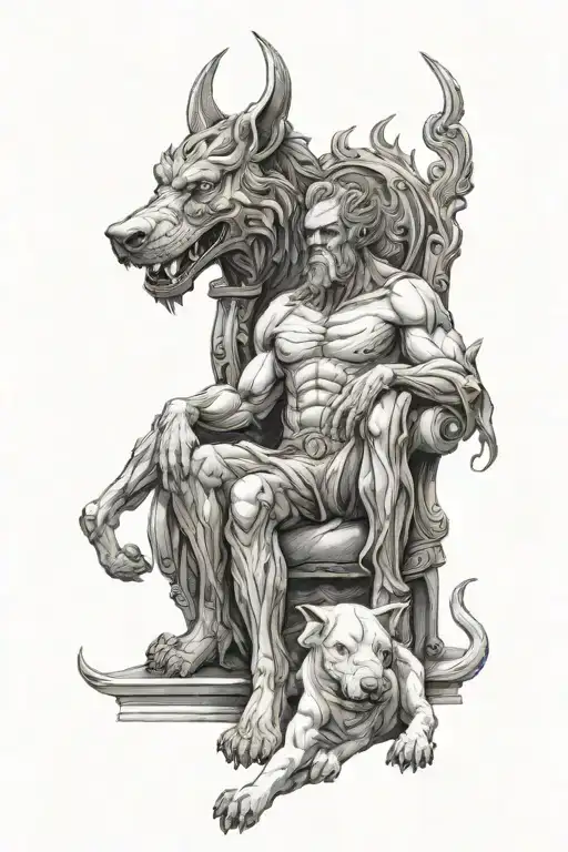 Hades On The Armchair And Cerberus In Front Of Them