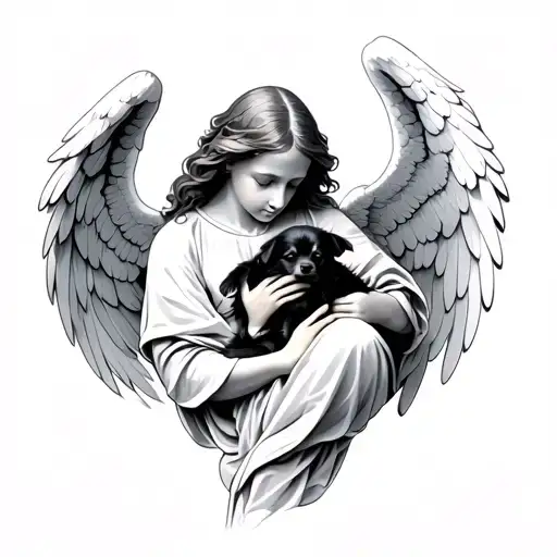 An Angel Holding A Small Sleeping Black Dog While An Archangel Watches Over
