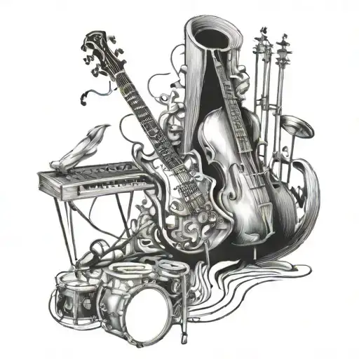 A Surreal Scene Of A Stage With Musical Instruments Morphing Into Animal Shapes