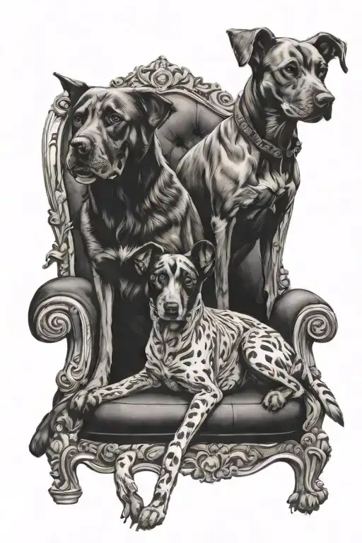Ade On The Armchair And Three-headed Dog In Front Of Them