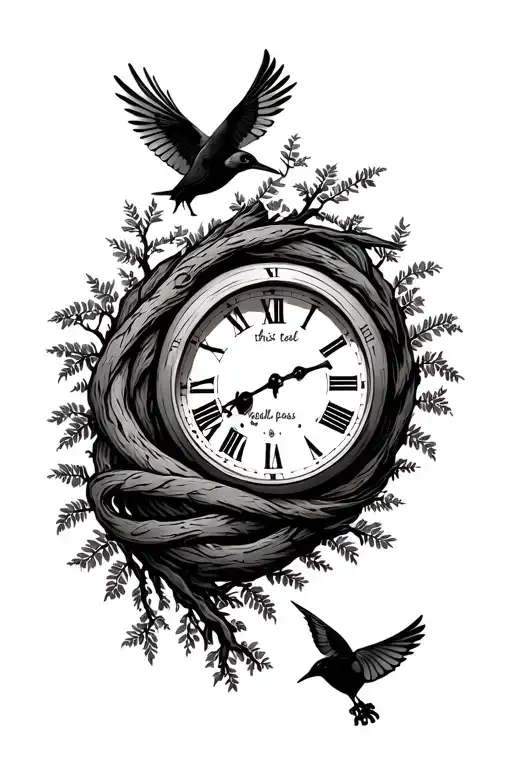 This Too Shall Pass Wrapped Around A Clock With Trees And Birds On The Forearm