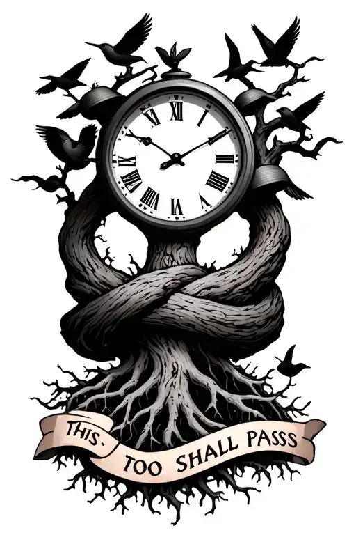 This Too Shall Pass Wrapped Around A Clock With A Tree With Roots And Birds On The Forearm