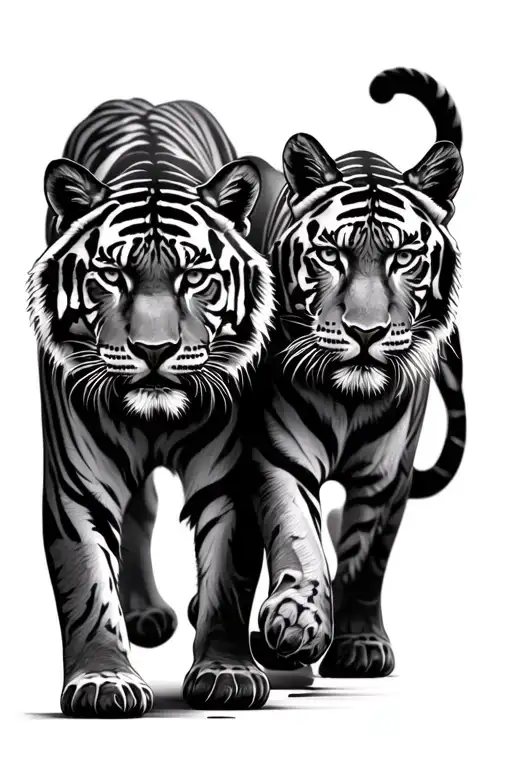 Twin Tiger Walking With Right Tiger Placing Right Paw And Left Tiger Placing Left Paw