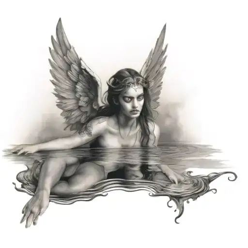 Sexy Angel With Demon Reflection In Water