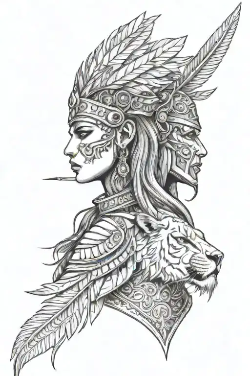 Female Warrior With Lion Head Profile Holding And Feathers