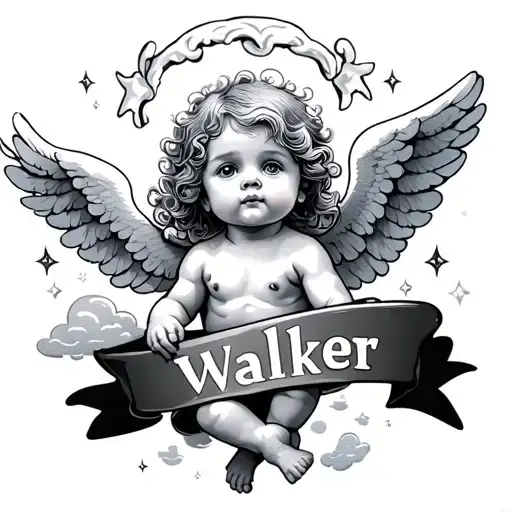 Realistic Cute Cherub Angel With Clouds Shaded And The Name 'Walker' With Sparkles Surrounded