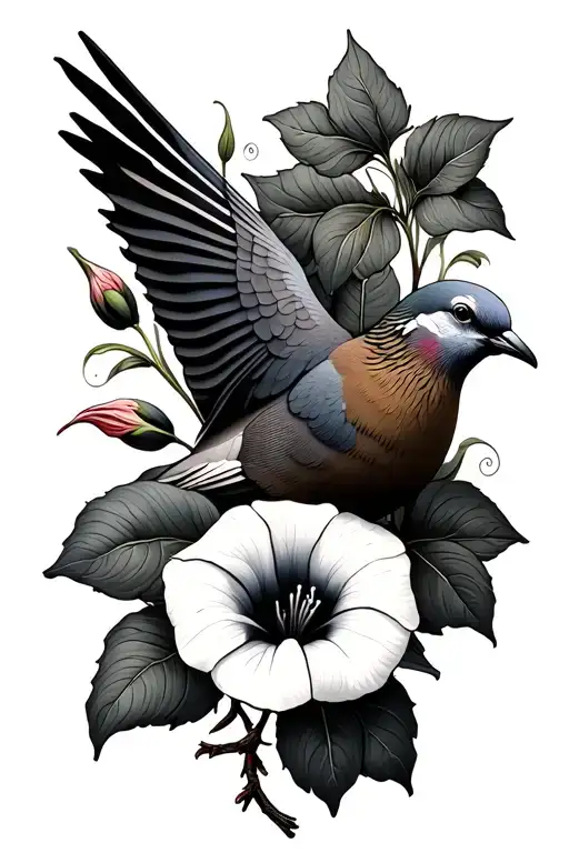Mourning Dove With Morning Glory Flowers