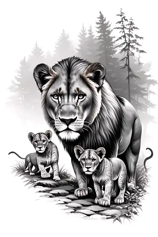 Lioness And Cubs On Woodland Path