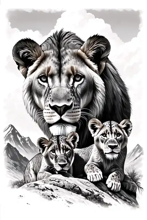 Lioness And Cubs On Mountains