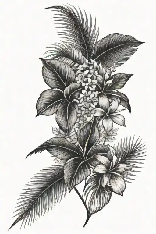 Fijian Inspired Floral With Palm Trees Line Work
