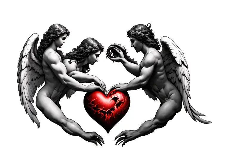 Angels Pulling Heart Away From Demons On The Bottom Of The Arm Showing Good Vs Evil