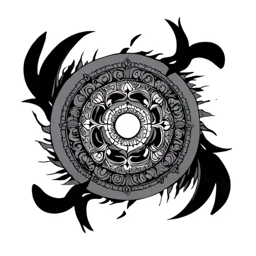 Dharma Wheel With Hinduism Twist Incorporating Elements