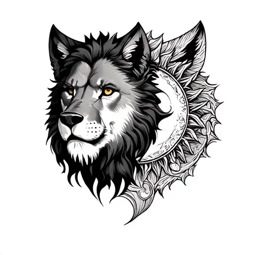 Adjacent Lion And Wolf Head With A Scale Of The Sun And Moon