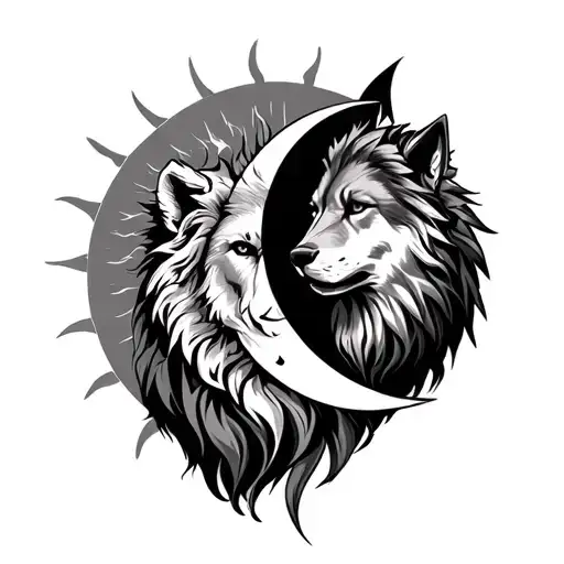 Lion And Wolf Head With A Scale Of The Sun And Moon