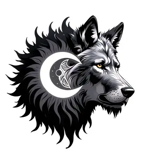 Lion And Wolf Head With A Scale Of The Sun And Moon