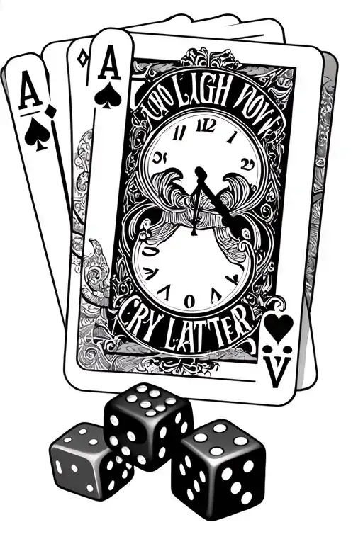 Royal Flush Hand Of Cards With Clock Laugh Now Cry Later Dice